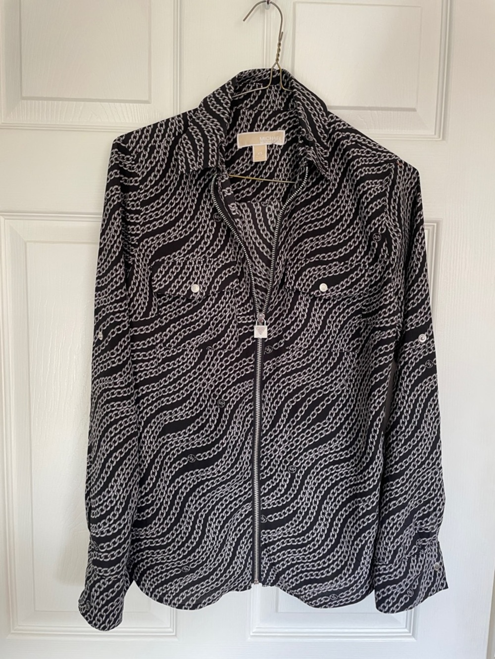 MICHAEL Michael Kors Black and Gray Chain-Print Zip Blouse